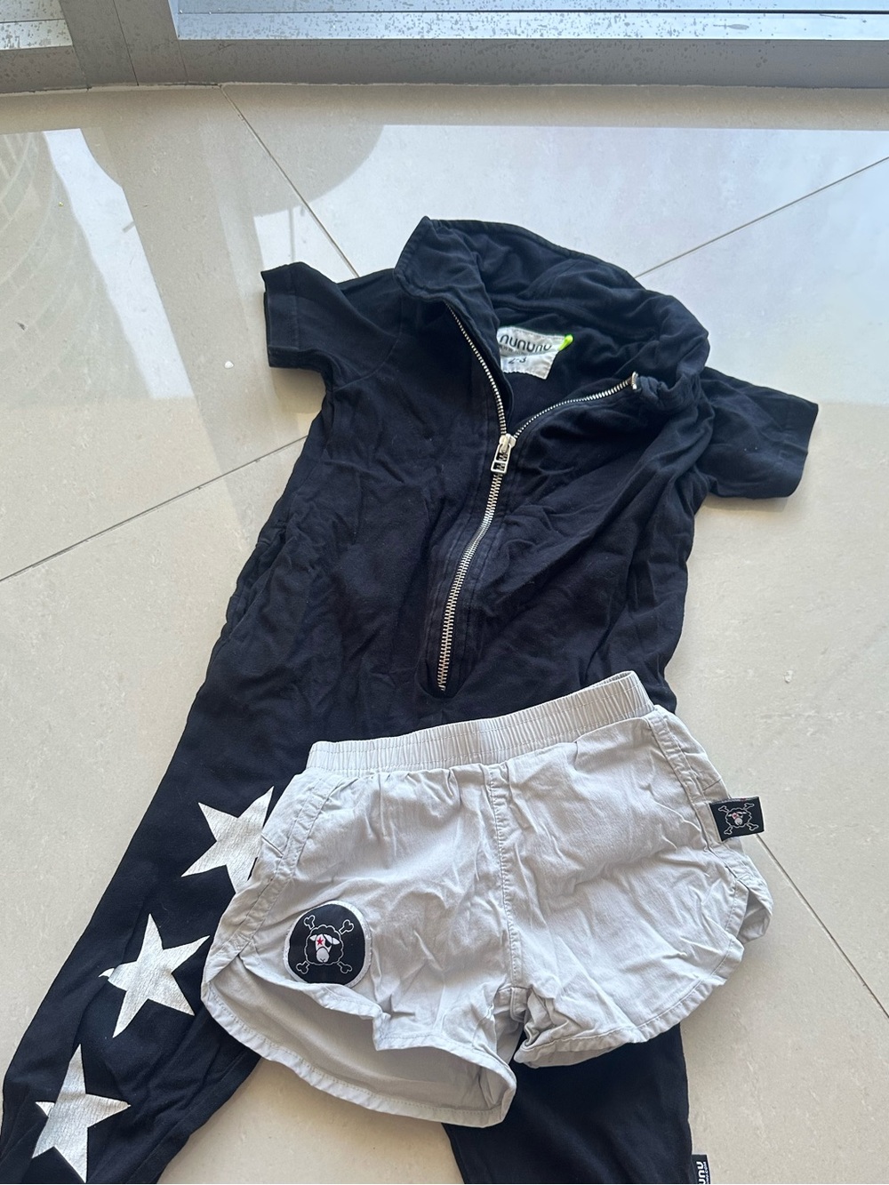 Nununu Black Star Zip Romper and  Light Gray Shorts